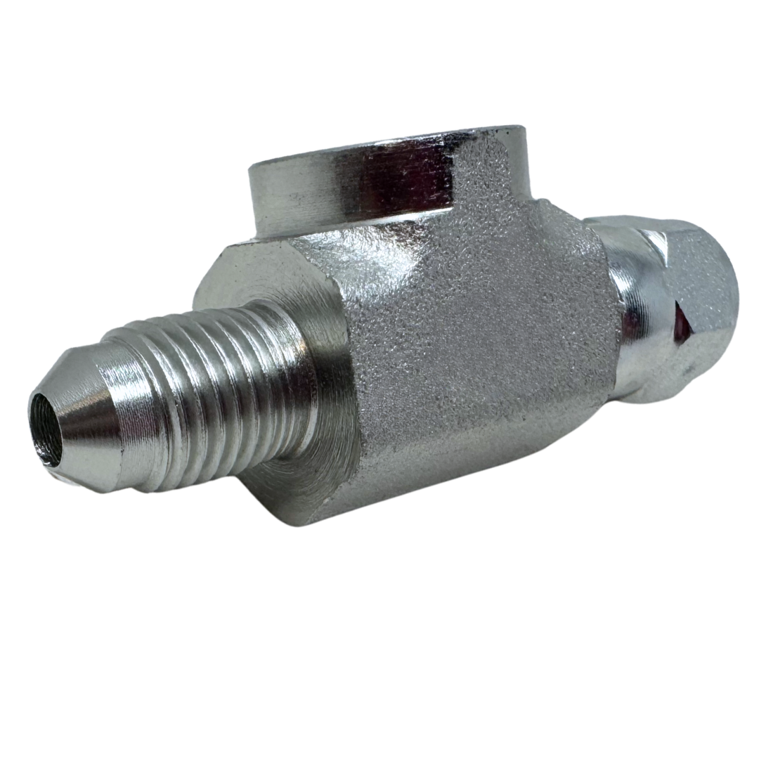6574-04-04-04 : OneHydraulics Gauge Port Branch Tee, 7/16-20 (-04) Male JIC x 7/16-20 (-04) Female JIC Swivel x 1/4-18 (-04) Female NPTF, 5000psi