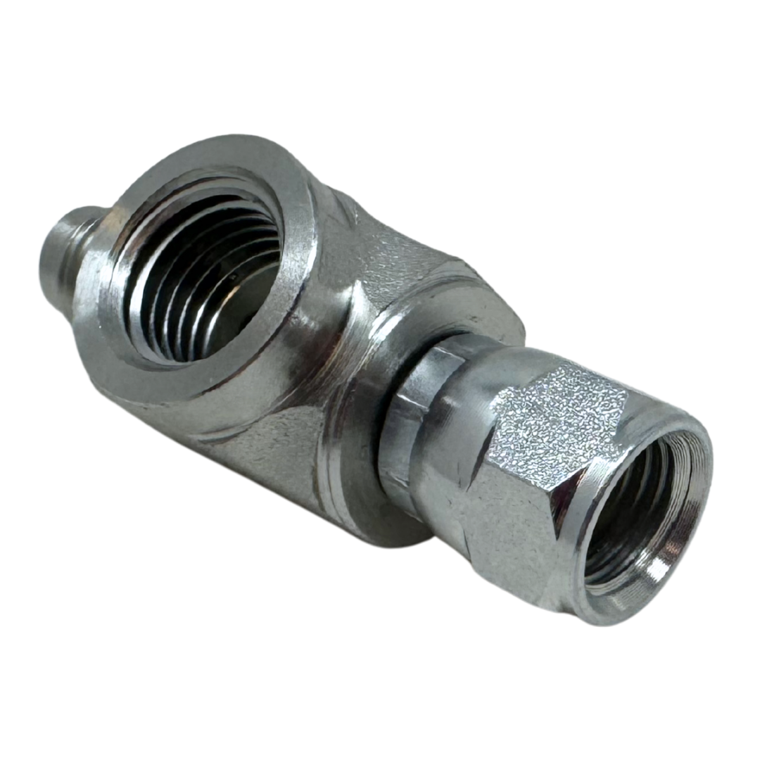 6574-04-04-04 : OneHydraulics Gauge Port Branch Tee, 7/16-20 (-04) Male JIC x 7/16-20 (-04) Female JIC Swivel x 1/4-18 (-04) Female NPTF, 5000psi