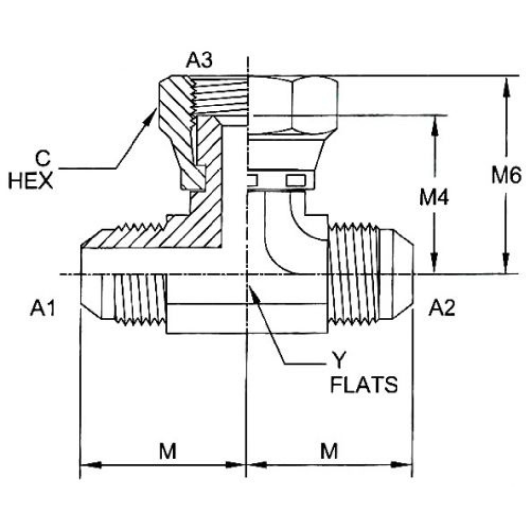 6600-14-14-14-FG : OneHydraulics Tee Steel Adapter, 1-3/16-12 (-14) Male JIC x 1-3/16-12 (-14) Male JIC x 1-3/16-12 (-14) Female JIC Swivel, 4000psi
