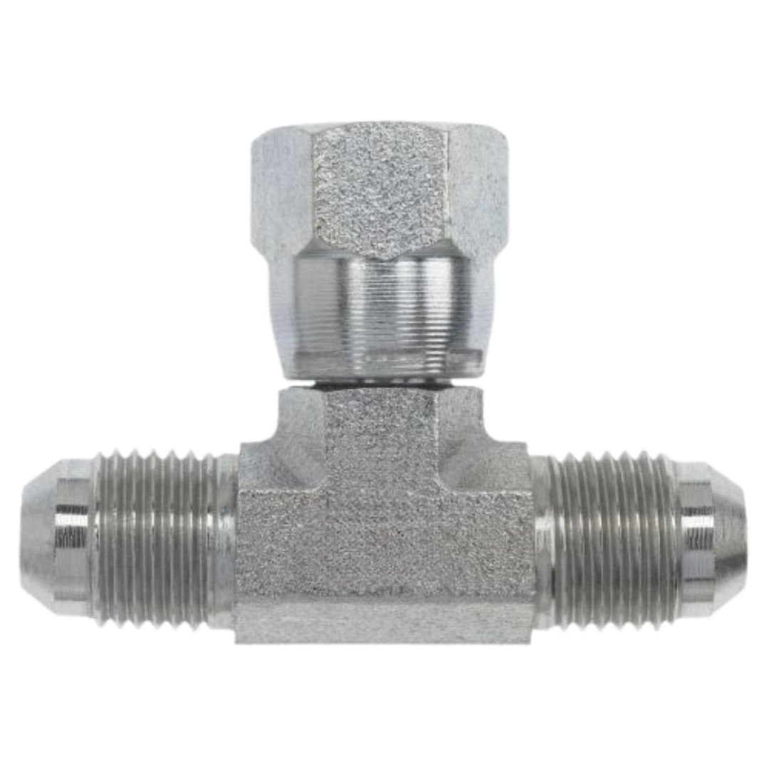 6600-14-14-14-FG : OneHydraulics Tee Steel Adapter, 1-3/16-12 (-14) Male JIC x 1-3/16-12 (-14) Male JIC x 1-3/16-12 (-14) Female JIC Swivel, 4000psi