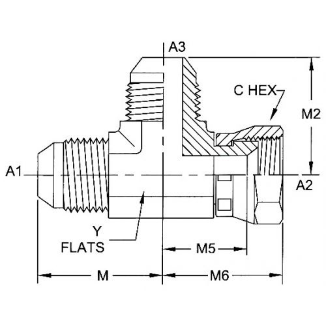 6602-14-14-14-FG : OneHydraulics Tee Steel Adapter, 1-3/16-12 (-14) Male JIC x 1-3/16-12 (-14) Female JIC Swivel x 1-3/16-12 (-14) Male JIC, 4000psi