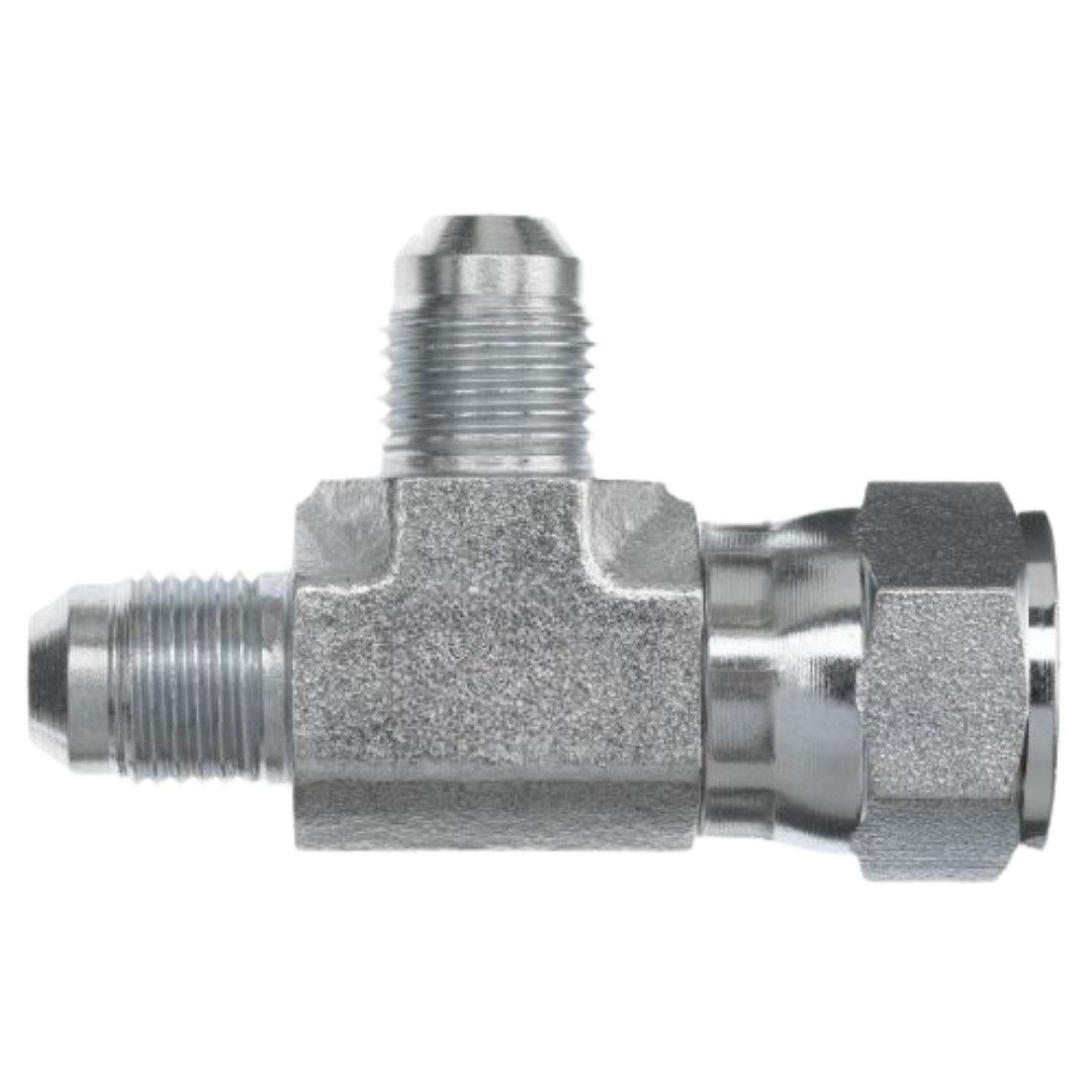 6602-14-14-14-FG : OneHydraulics Tee Steel Adapter, 1-3/16-12 (-14) Male JIC x 1-3/16-12 (-14) Female JIC Swivel x 1-3/16-12 (-14) Male JIC, 4000psi
