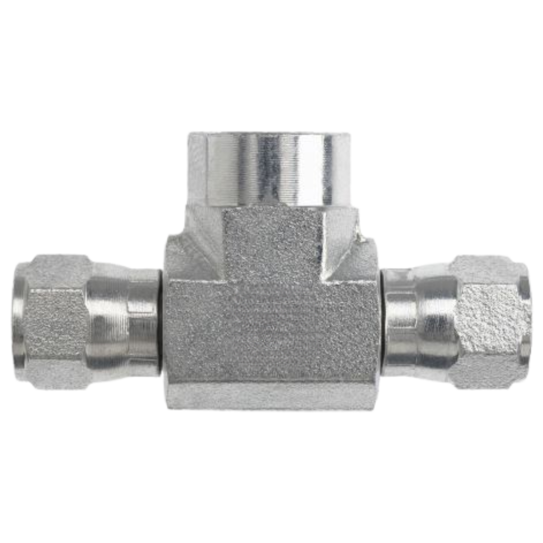 6605-04-04-04-FG : OneHydraulics Tee Steel Adapter, 7/16-20 (-04) Female JIC Swivel x 7/16-20 (-04) Female JIC Swivel x 1/4-18 (-04) Female NPTF, 6000psi