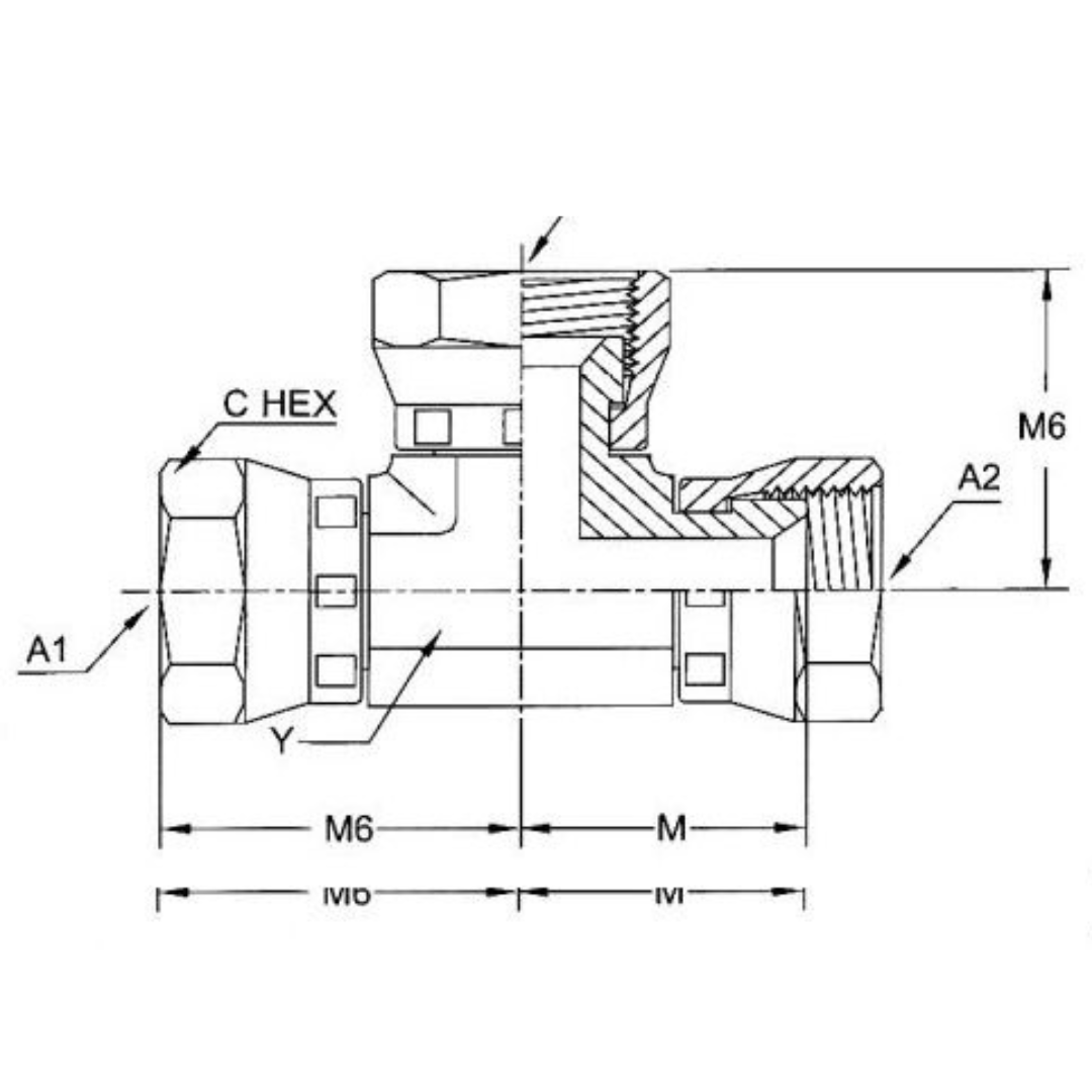 6606-06-06-06-FG : OneHydraulics Tee Steel Adapter, 9/16-18 (-06) Female JIC Swivel x 9/16-18 (-06) Female JIC Swivel x 9/16-18 (-06) Female JIC Swivel, 5000psi