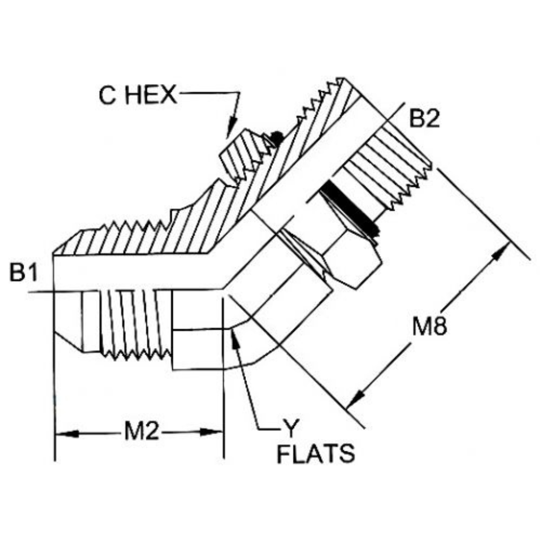6802-08-06-NWO-SS : OneHydraulics 45-Degree Stainless Adapter, 3/4-16 (-08) Male JIC x 9/16-18 (-06) Male Adjustable ORB, 5400psi