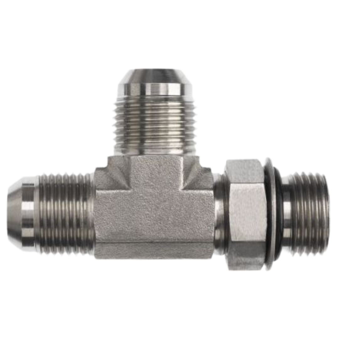 6804-14-14-14-NWO-FG : OneHydraulics Run Tee Steel Adapter, 1-3/16-12 (-14) Male JIC x 1-3/16-12 (-14) Male Adjustable ORB x 1-3/16-12 (-14) Male JIC, 4000psi