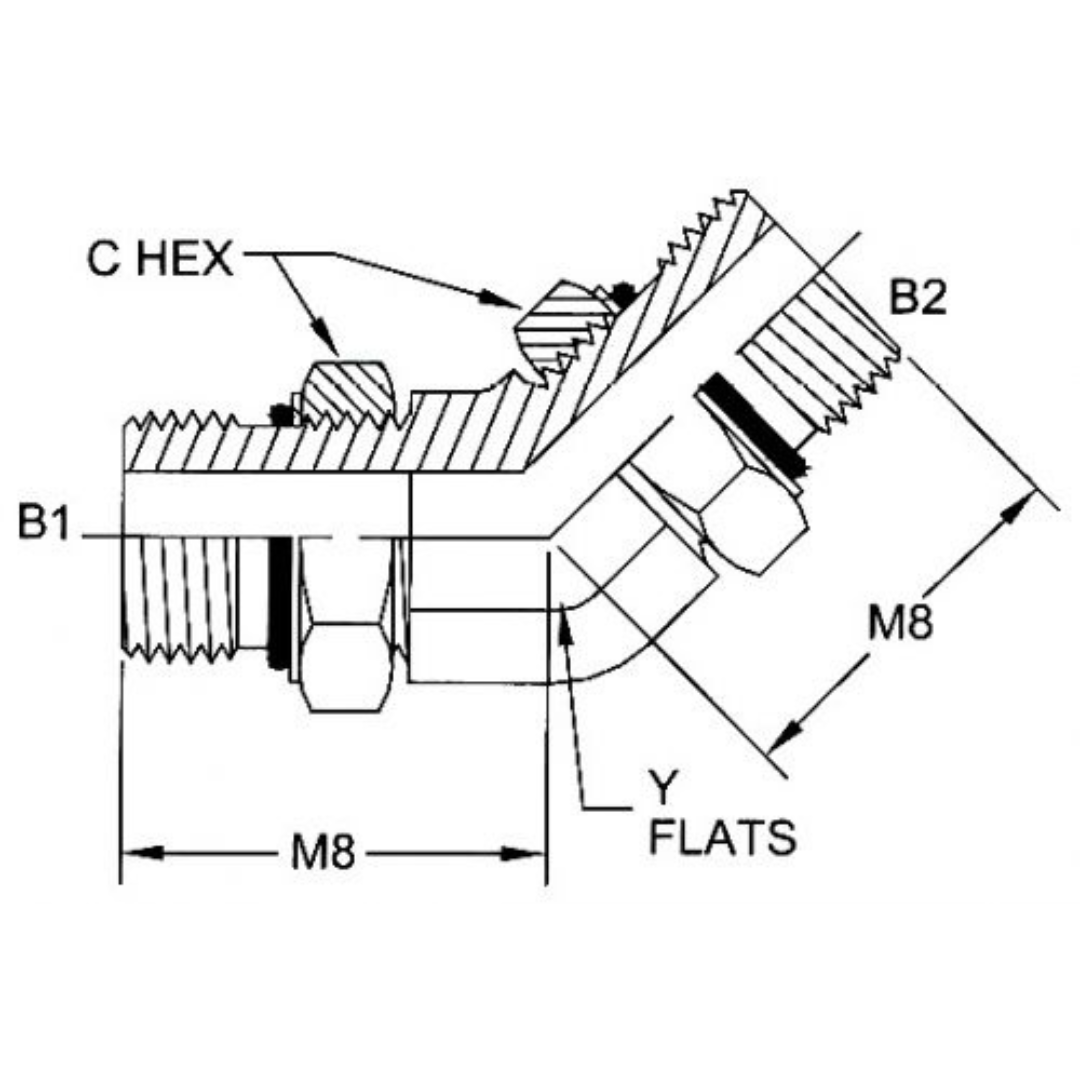 6808-08-08-NWO-FG : OneHydraulics 45-Degree Steel Adapter, 3/4-16 (-08) Male Adjustable ORB x 3/4-16 (-08) Male Adjustable ORB, 6000psi