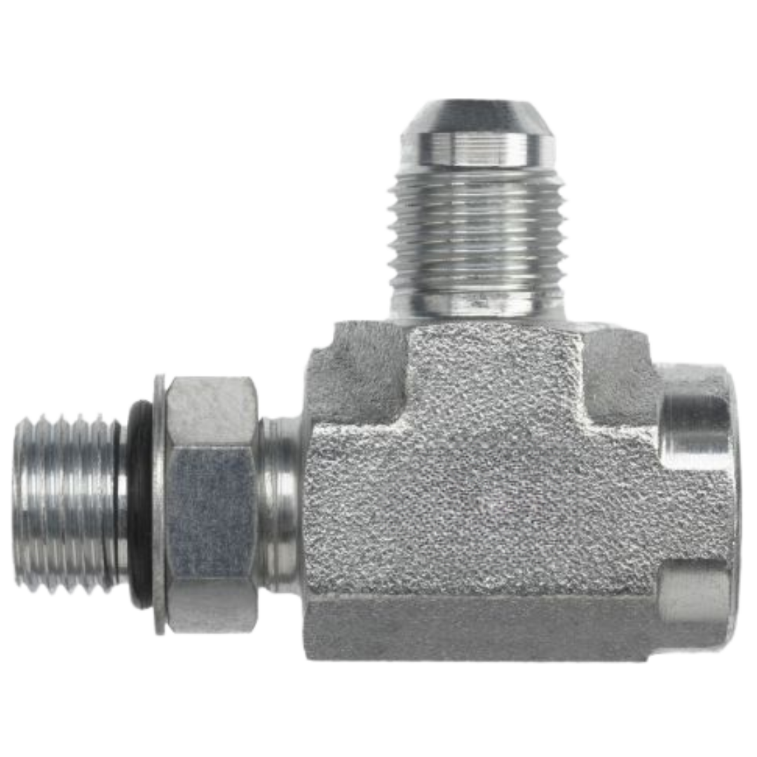 6820-06-06-06-NWO-FG : OneHydraulics Tee Steel Adapter, 9/16-18 (-06) Female ORB x 9/16-18 (-06) Male Adjustable ORB x 9/16-18 (-06) Male JIC
