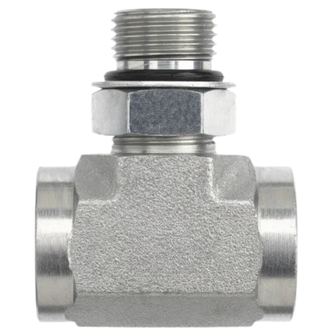6832-08-08-08-NWO-FG : OneHydraulics Tee Steel Adapter, 3/4-16 (-08) Female ORB x 3/4-16 (-08) Female ORB x 3/4-16 (-08) Male Adjustable ORB