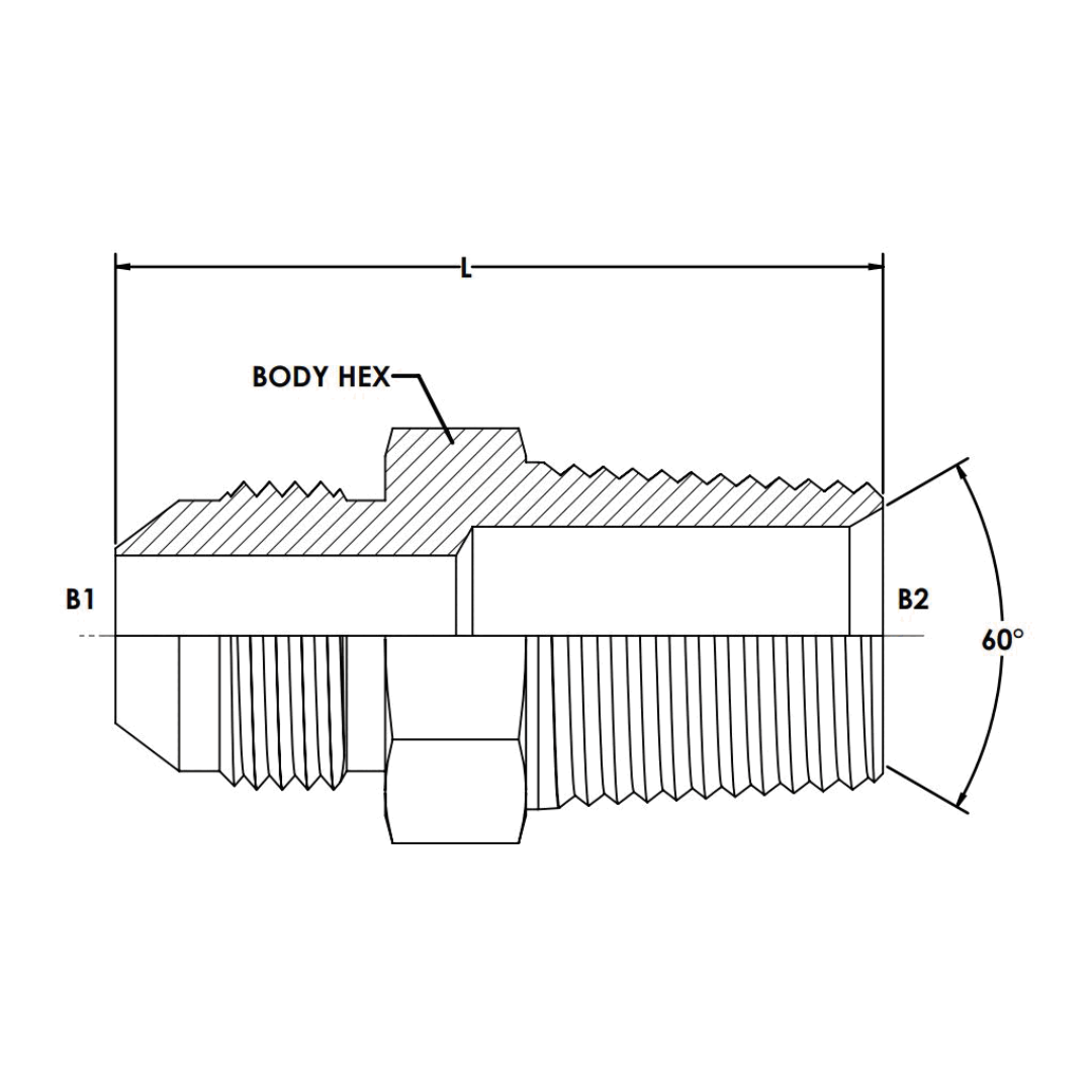 7000-06-06: OneHydraulics Straight Steel Rigid Adapter, 9/16-18 (-06) Male JIC x 3/8-19 (-06) Male BSPT, 6000psi