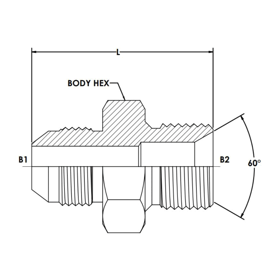 7002-06-06-SS : OneHydraulics Straight Stainless Adapter, 9/16-18 (-06) Male JIC x 3/8-19 (-06) Male BSPP 60-Degree Flare