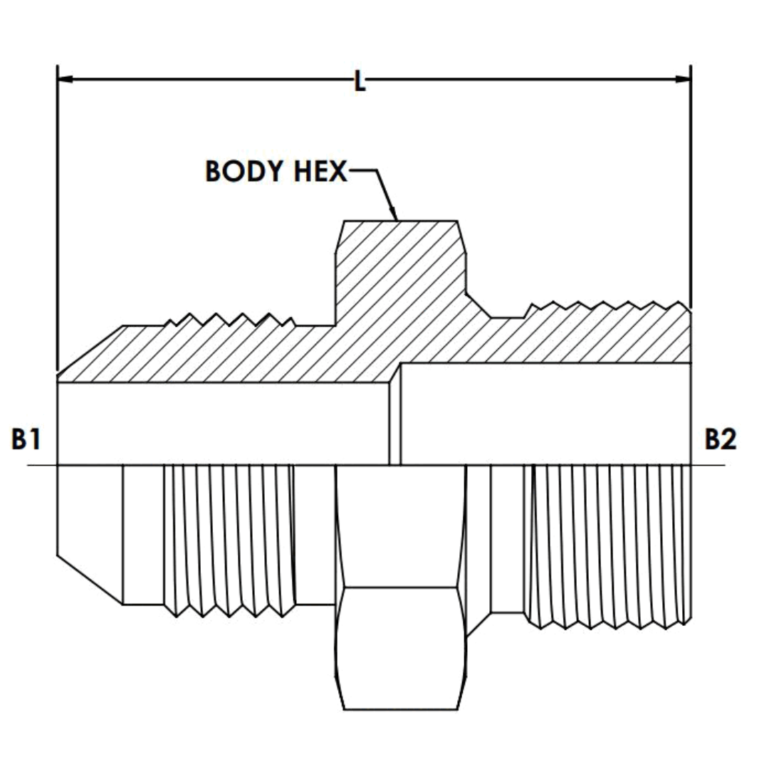 7005-12-22 : OneHydraulics Straight Steel Adapter, 1-1/16-12 (-12) Male JIC x M22 X 1.5 (22mm) Male Metric, 5000psi