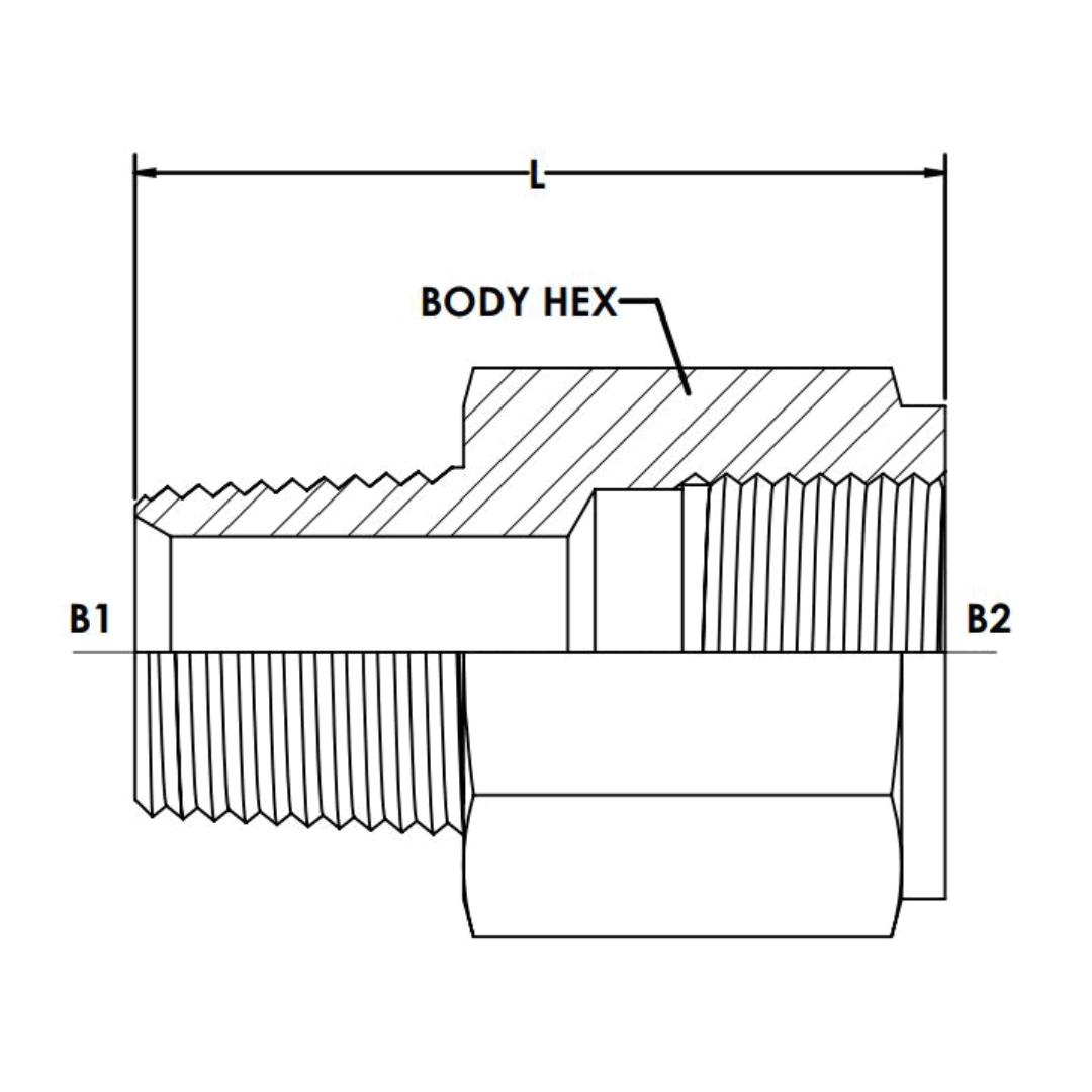 7033-08-08: OneHydraulics Straight Steel Rigid Adapter, 1/2-14 (-08) Male NPT x 1/2-14 (-08) Female BSPP, 5000psi