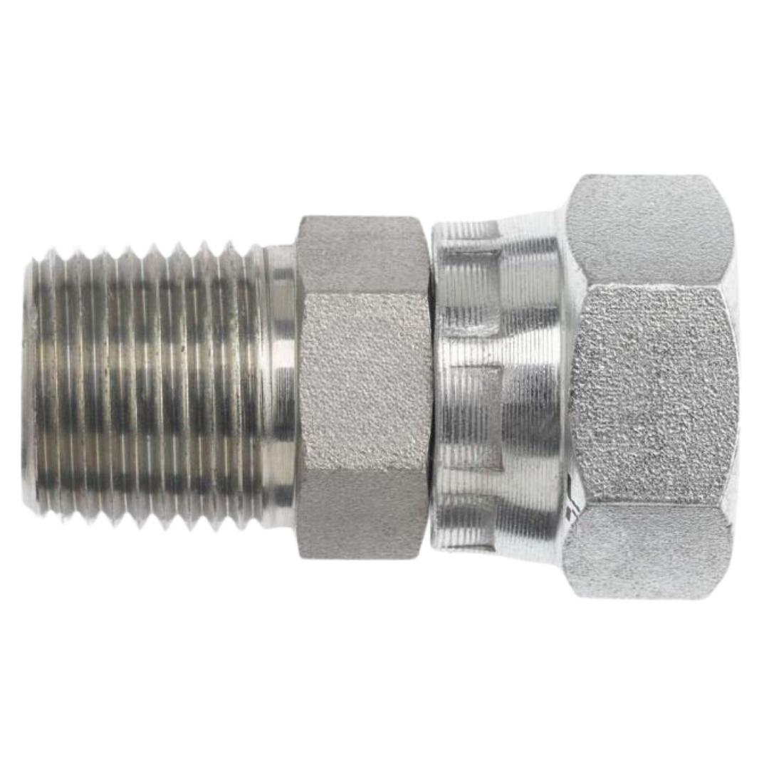 7034-08-08 : OneHydraulics Straight Steel Adapter, 1/2-14 (-08) Male NPT x 1/2-14 (-08) Female BSPP Swivel, 2900psi