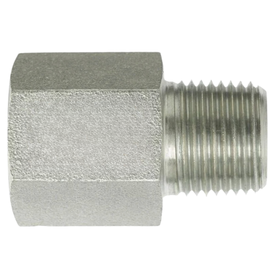7040-04-04: OneHydraulics Straight Steel Adapter, 1/4-18 (-04) Female NPT x 1/4-19 (-04) Male BSPT, 6000psi