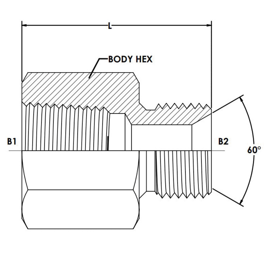 7042-06-06 : OneHydraulics Straight Steel Adapter, 3/8-18 (-06) Female NPTF x 3/8-19 (-06) Male BSPP with 60-Degree Flare, 5000psi