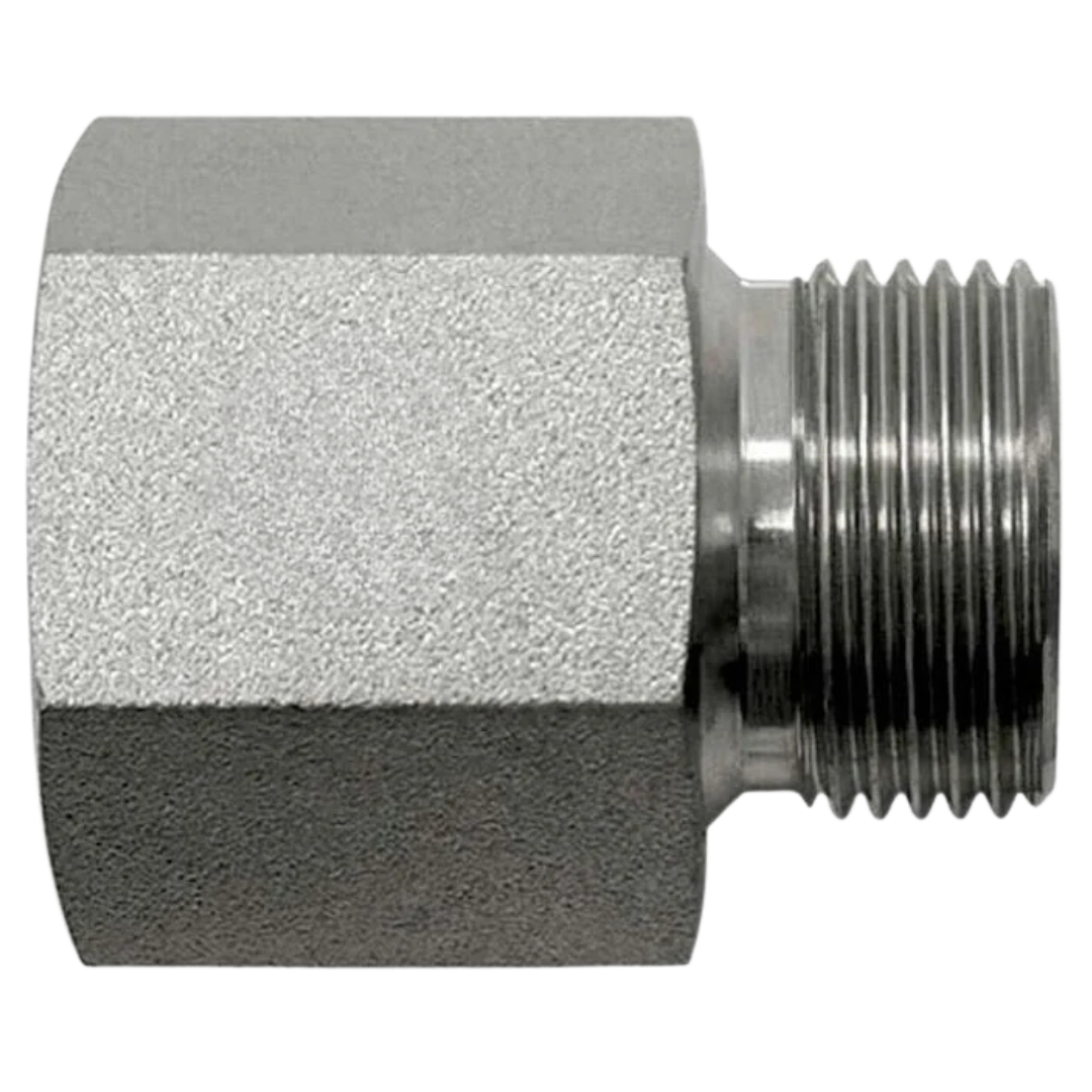 7042-06-06 : OneHydraulics Straight Steel Adapter, 3/8-18 (-06) Female NPTF x 3/8-19 (-06) Male BSPP with 60-Degree Flare, 5000psi