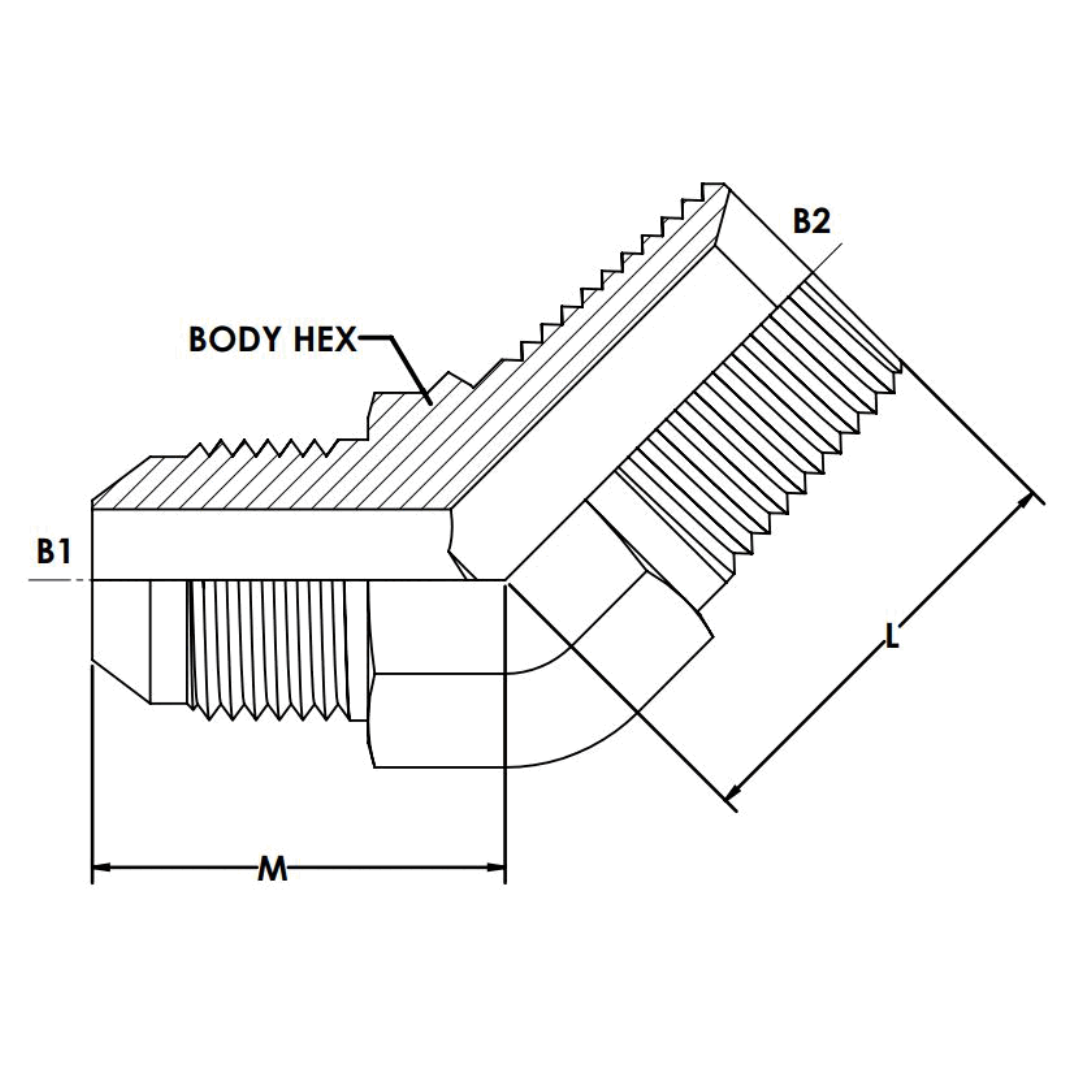7100-08-06 : OneHydraulics 45-Degree Steel Rigid Adapter, 3/4-16 (-08) Male JIC x 3/8-19 (-06) Male BSPT, 6000psi