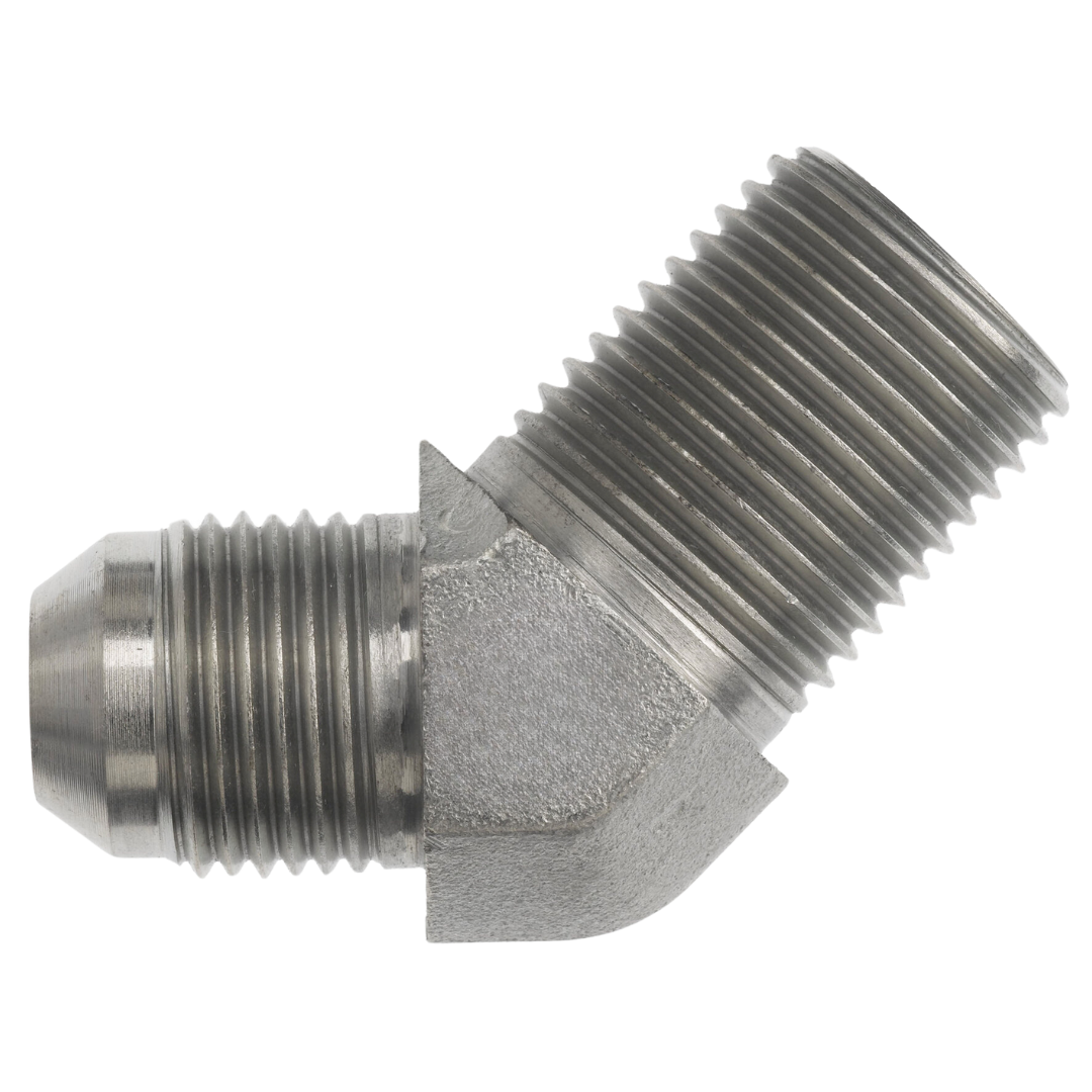 7100-08-06 : OneHydraulics 45-Degree Steel Rigid Adapter, 3/4-16 (-08) Male JIC x 3/8-19 (-06) Male BSPT, 6000psi