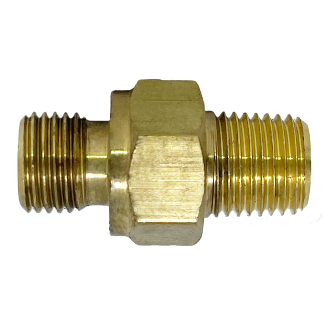 8007-06-04 : Adaptall Straight Brass Rigid Adapter, 3/8-19 (-06) Male BSPP x 1/4-18 (-04) Male NPT