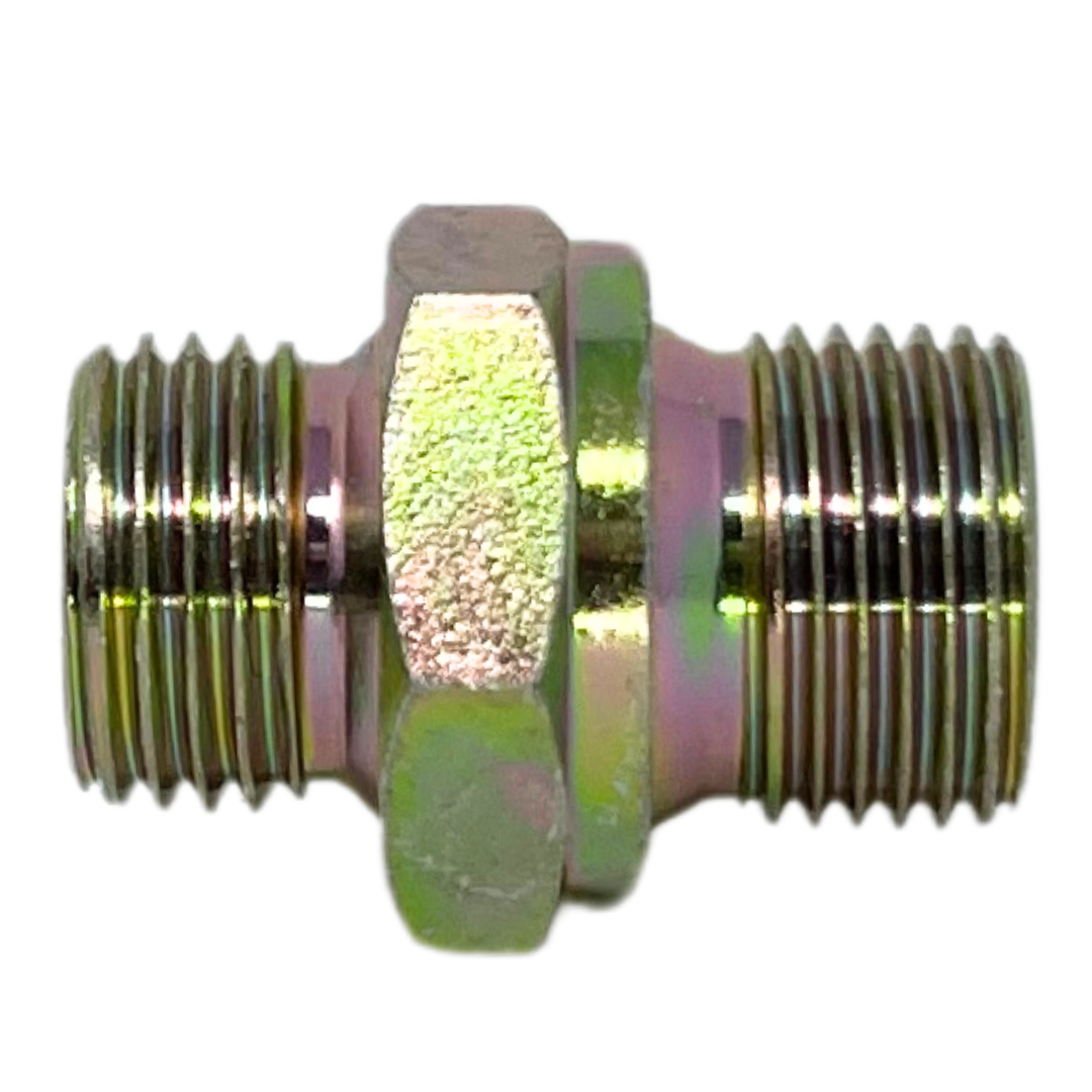 9004-16-38 : Adaptall Straight Steel Adapter, 1-11 (-16) Male BSPP x M38 X 1.5 (38mm) Male Metric