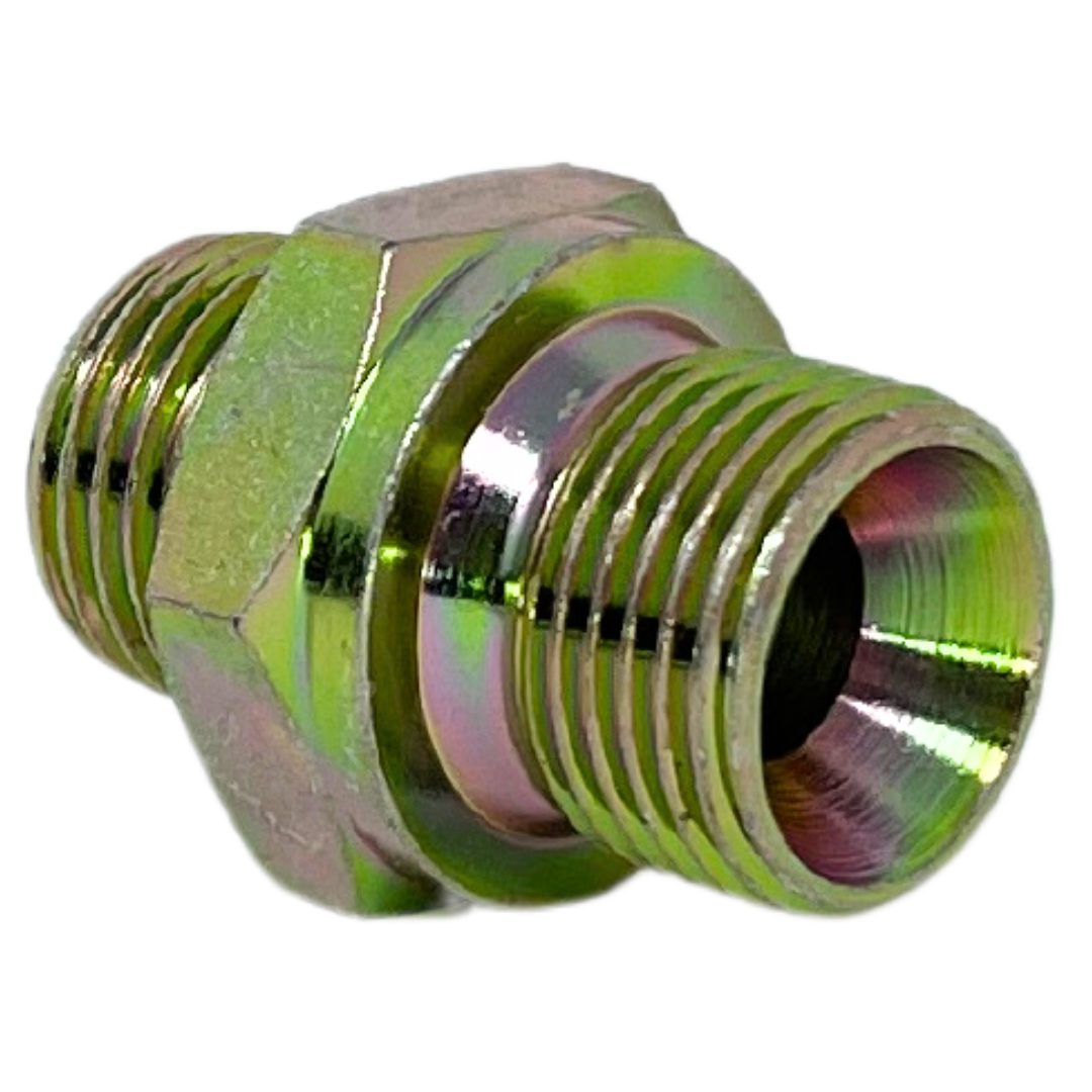 9004-16-38 : Adaptall Straight Steel Adapter, 1-11 (-16) Male BSPP x M38 X 1.5 (38mm) Male Metric