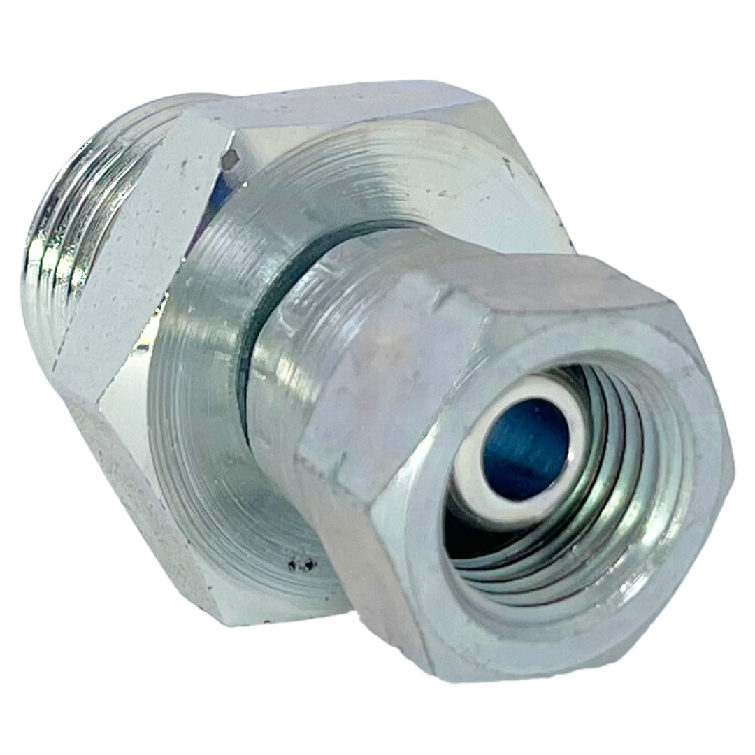 9019-12-L15-22 : Adaptall Straight Steel Adapter, 3/4-14 (-12) Male BSPP x M22 X 1.5 (L15) Female DIN Tube (Light Duty), Dual Purpose Ball Seat Fits 60-Deg