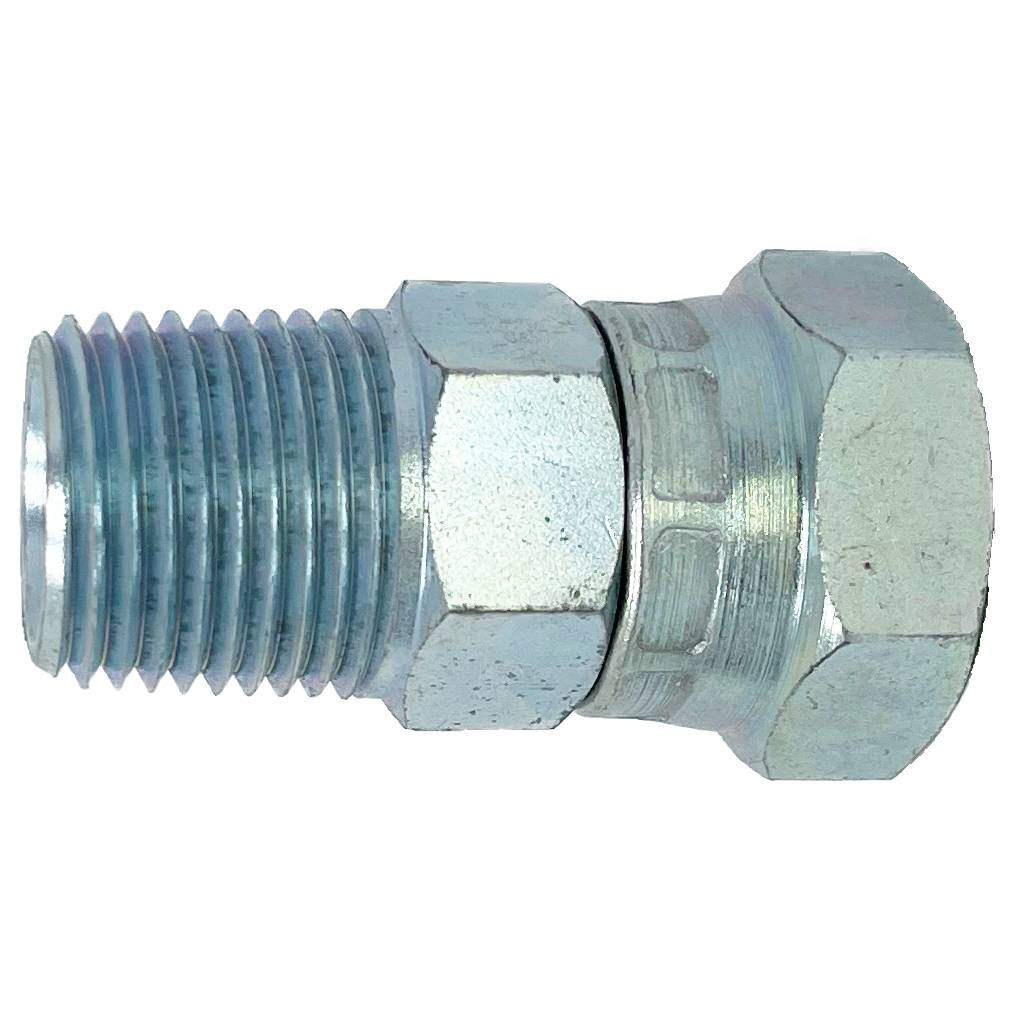 9023-06-04 : Adaptall Straight Steel Swivel Adapter, 3/8-18 (-06) Male NPT x 1/4-19 (-04) Female BSPP 60° Flare