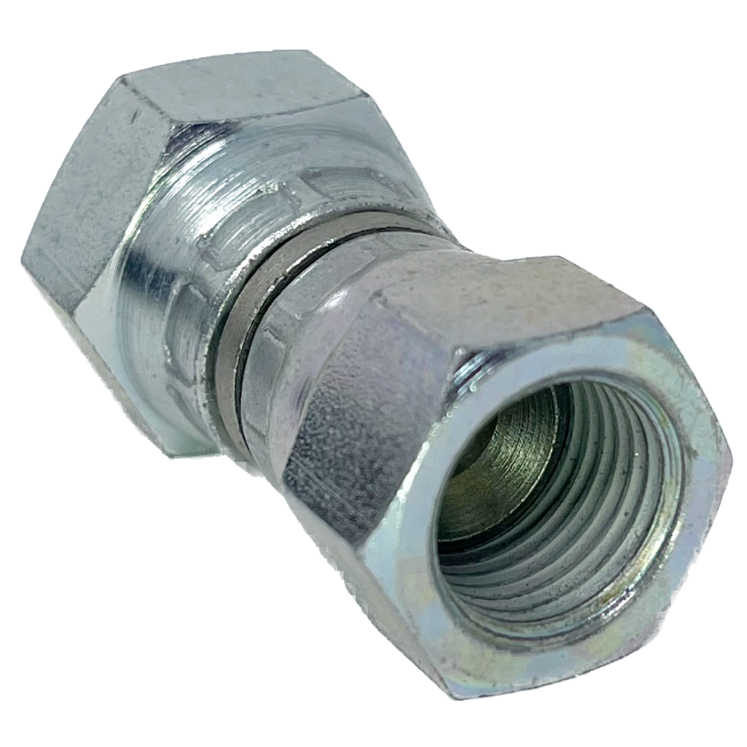 9027-06-04 : Adaptall Straight Steel Swivel Adapter, 3/8-19 (-06) Female BSPP x 7/16-20 (-04) Female JIC
