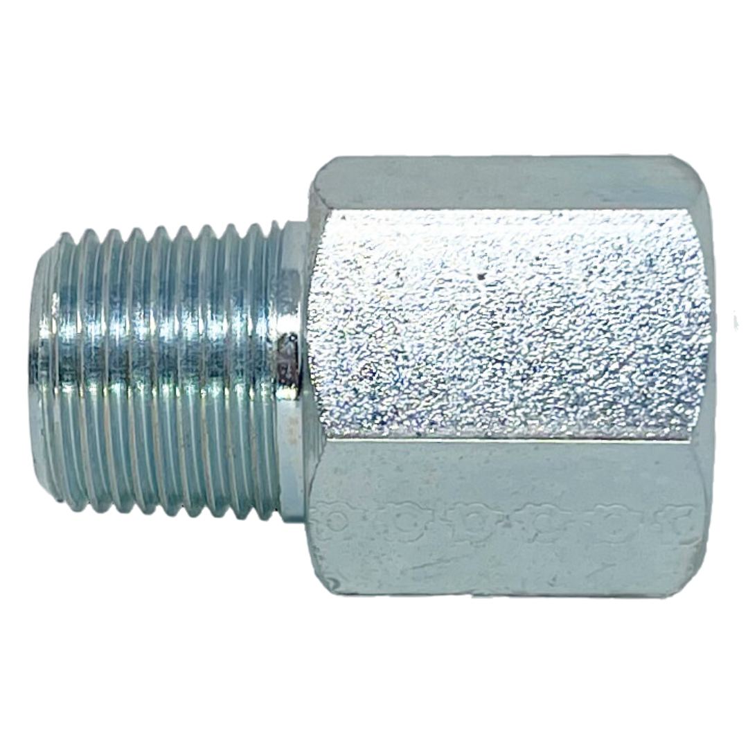 9042-12-08 : Adaptall Straight Steel Adapter, R 3/4-14 (-12) Male BSPT x 1/2-14 (-08) Female NPT