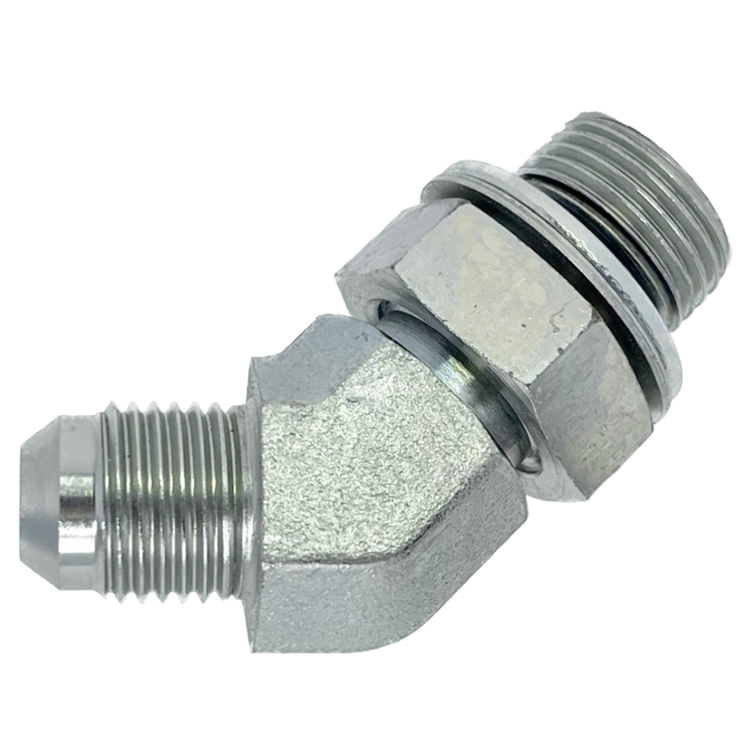 9058-16-16 : Adaptall 45-Degree Steel Adapter, 1-5/16-12 (-16) Male JIC x 1-11 (-16) Male BSPP Swivel
