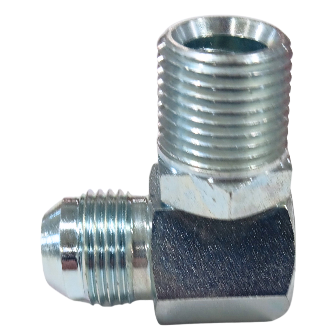 9063-12-08 : Adaptall 90-Degree Steel Adapter, 1-1/16-12 (-12) Male JIC x 1/2-14 (-08) Male BSPT