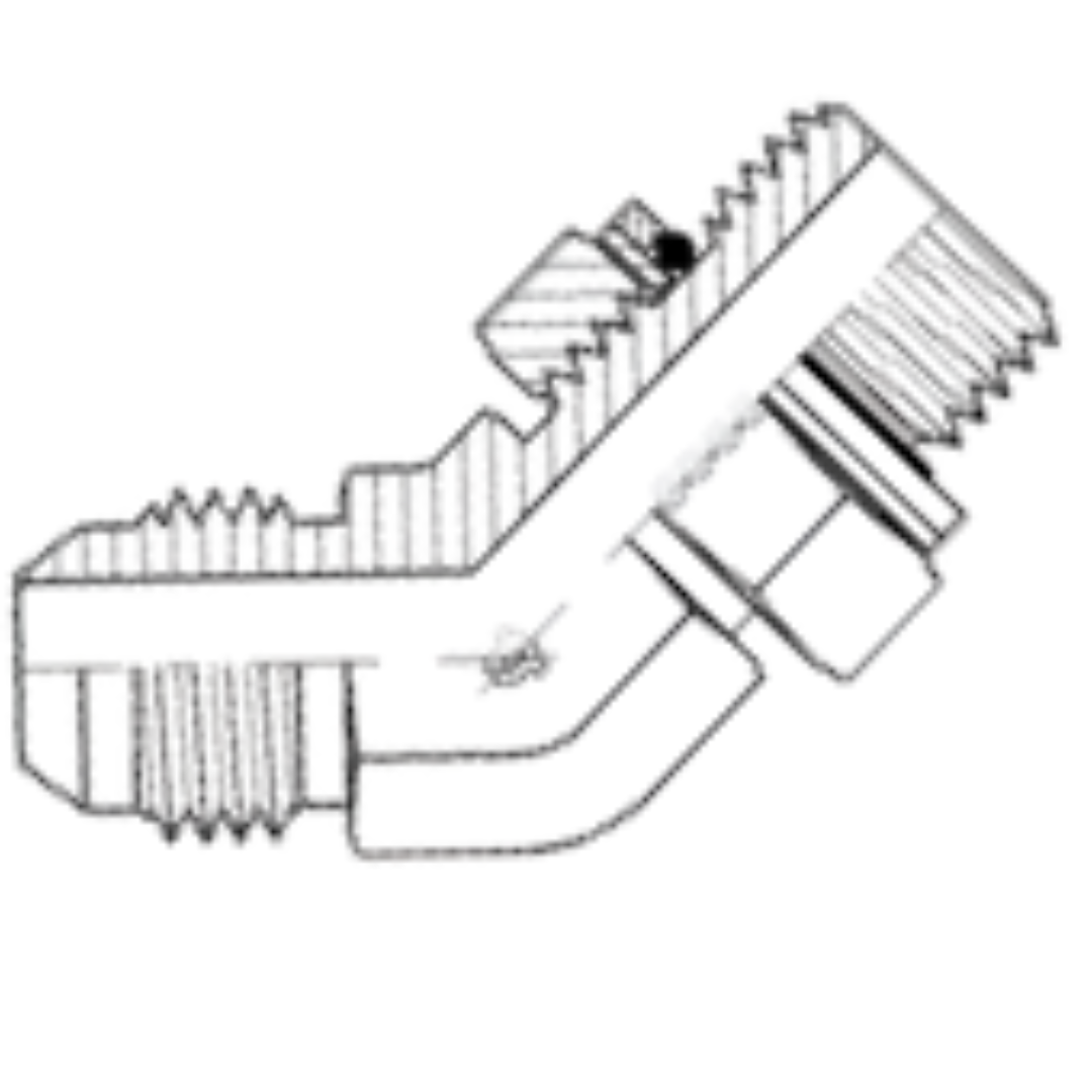 9066-12-27 : Adaptall 45-Degree Steel Adapter, 1-1/16-12 (-12) Male JIC x M27 X 2.0 (27mm) Male Metric Swivel