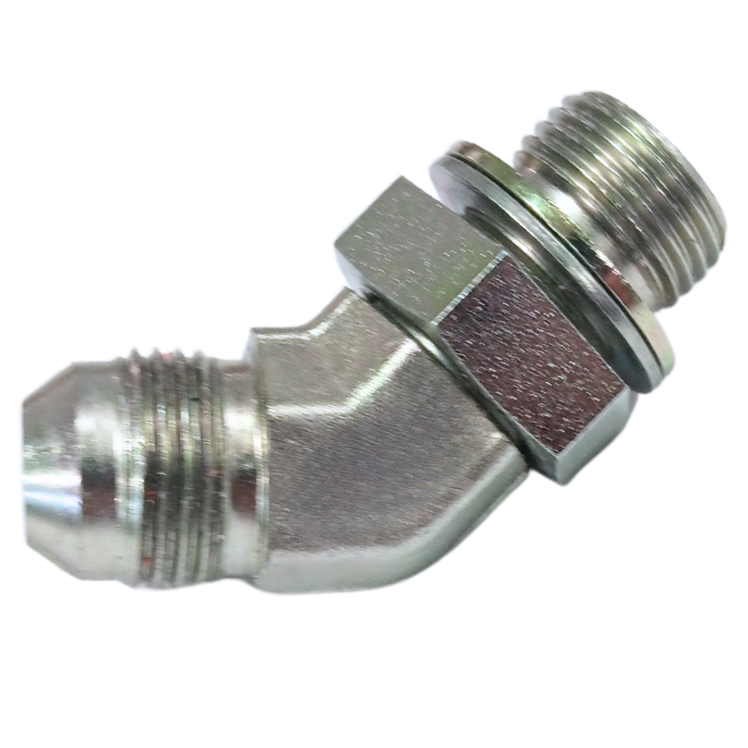 9066-12-27 : Adaptall 45-Degree Steel Adapter, 1-1/16-12 (-12) Male JIC x M27 X 2.0 (27mm) Male Metric Swivel