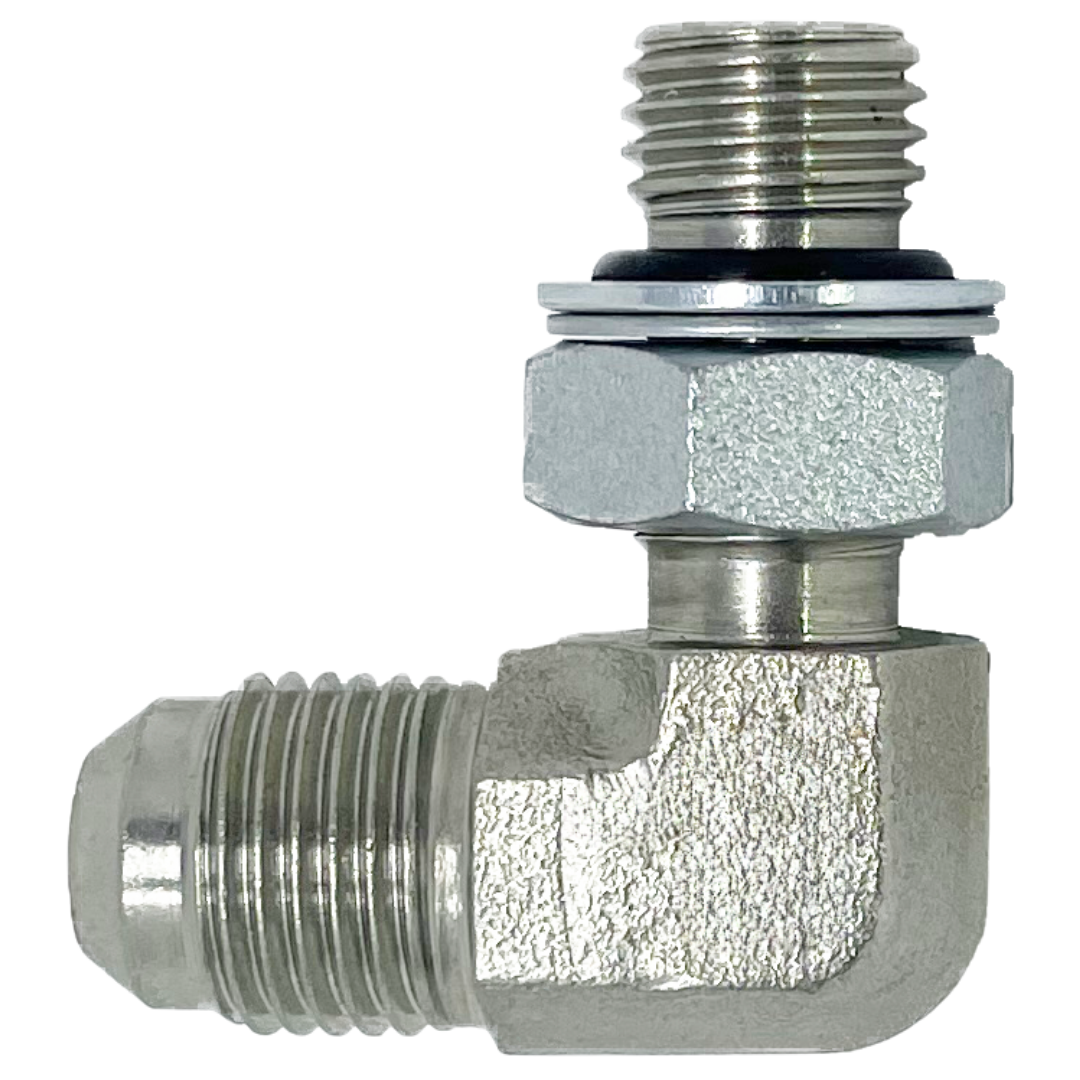 9069-20-42 : Adaptall 90-Degree Steel Adapter, 1-5/8-12 (-20) Male JIC x M42 X 2.0 (42mm) Male Adjustable Metric