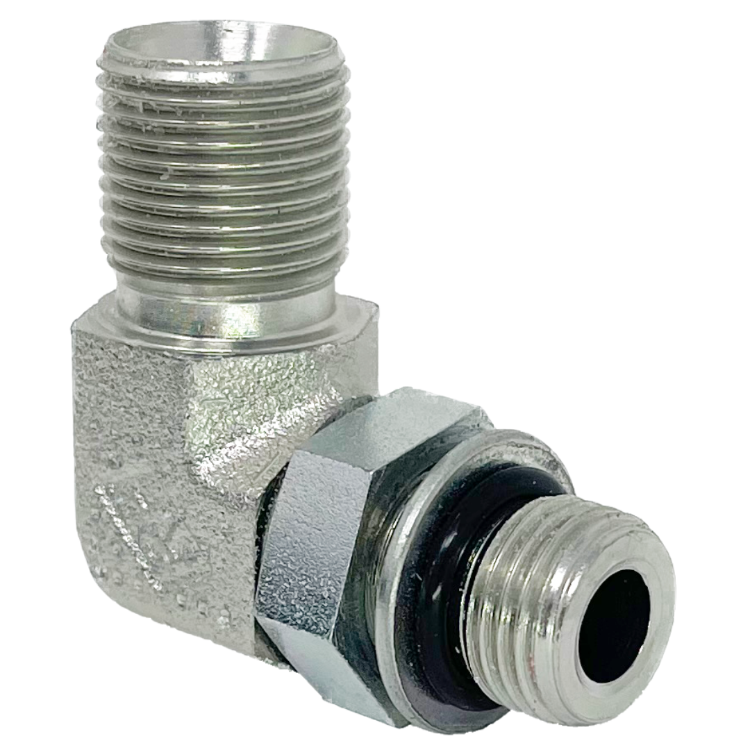 9077-02-04 : Adaptall 90-Degree Steel Adapter, 1/8-28 (-02) Male BSPP x 7/16-20 (-04) Male Adjustable ORB