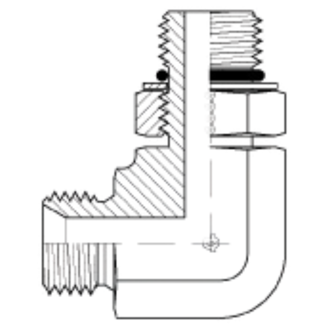 9077-02-04 : Adaptall 90-Degree Steel Adapter, 1/8-28 (-02) Male BSPP x 7/16-20 (-04) Male Adjustable ORB