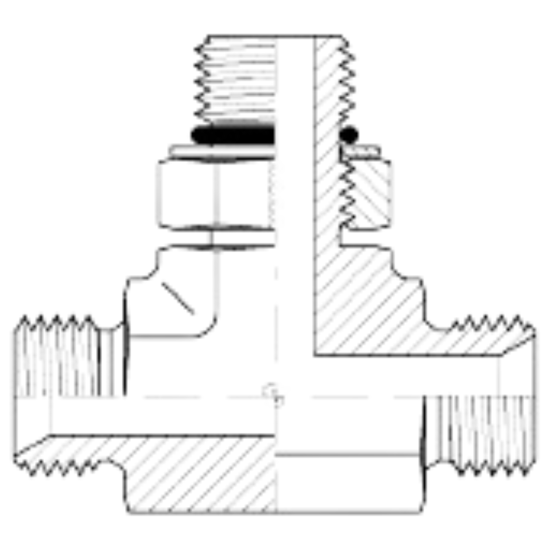 9079-16-16-16 : Adaptall Branch Tee Steel Adapter, 1-11 (-16) Male BSPP x 1-11 (-16) Male BSPP x 1-5/16-12 (-16) Male Adjustable ORB