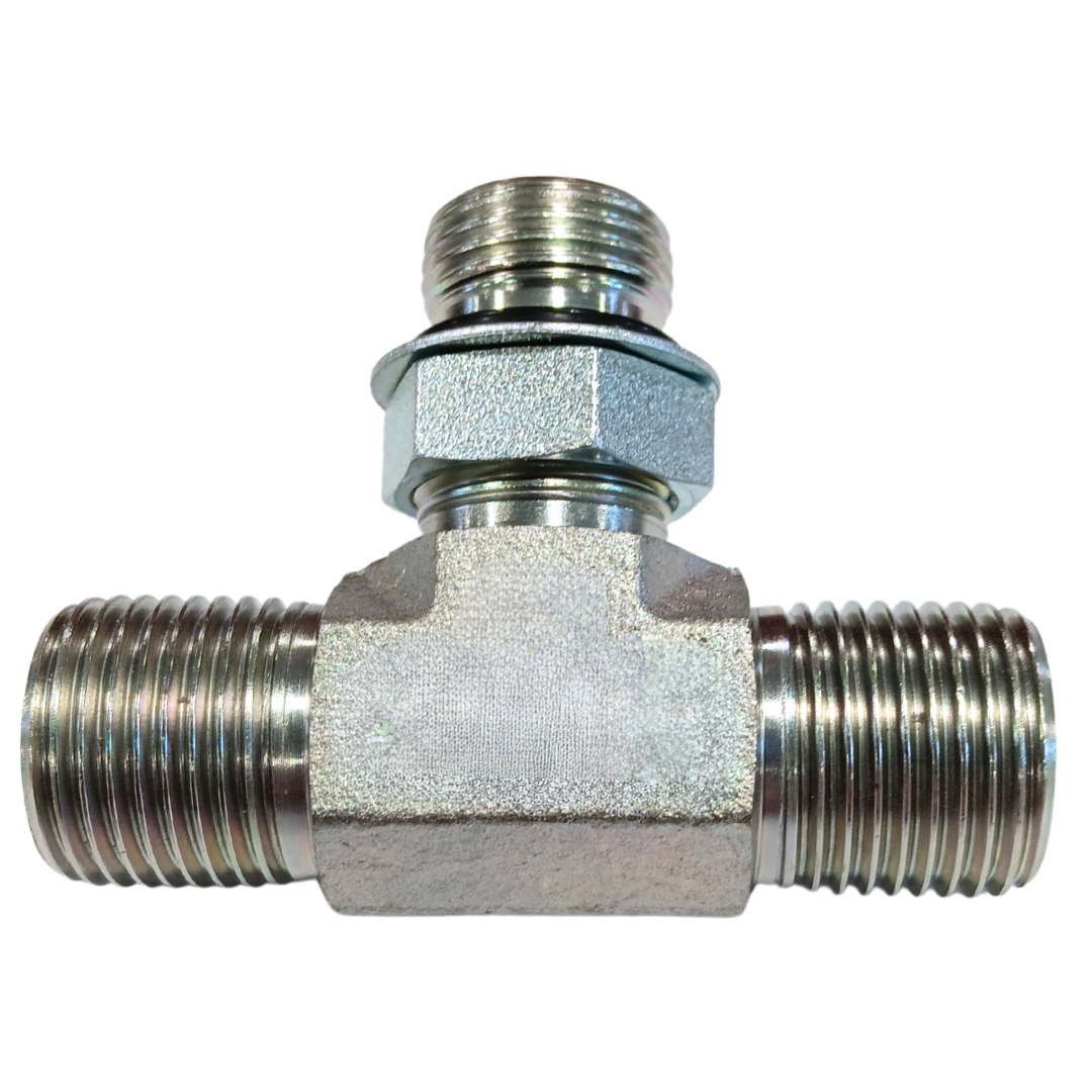 9079-16-16-16 : Adaptall Branch Tee Steel Adapter, 1-11 (-16) Male BSPP x 1-11 (-16) Male BSPP x 1-5/16-12 (-16) Male Adjustable ORB
