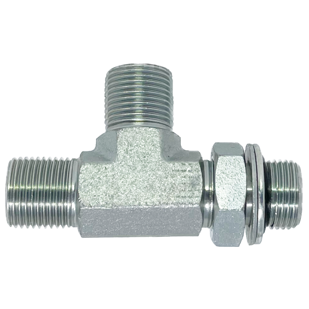 9151-12-12-12 : Adaptall Run Tee Steel Adapter, 3/4-14 (-12) Male BSPP x 3/4-14 (-12) Male BSPP x 3/4-14 (-12) Male Adjustable BSPP