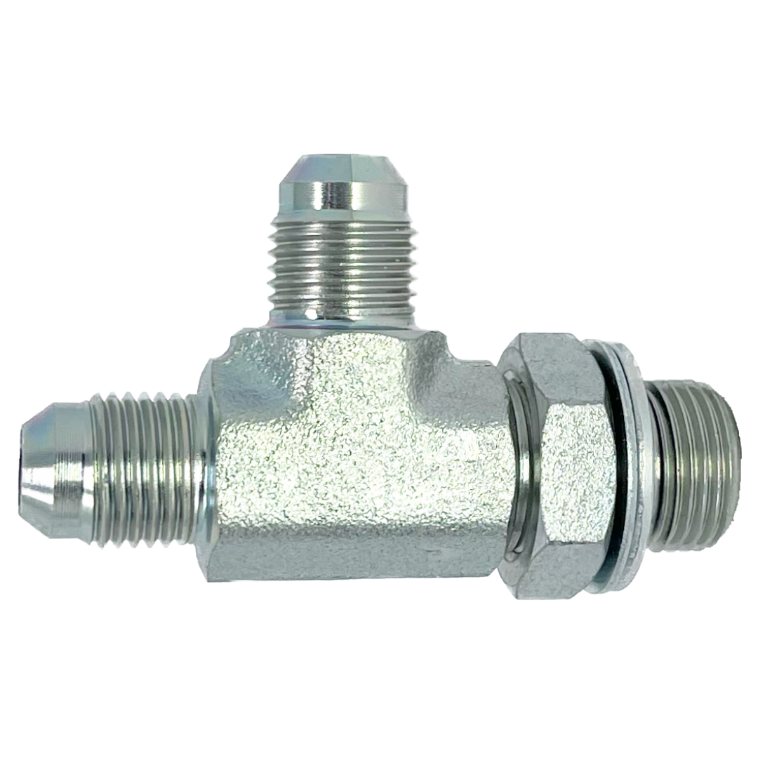 9158-06-06-06 : Adaptall Run Tee Steel Adapter, 9/16-18 (-06) Male JIC x 9/16-18 (-06) Male JIC x 3/8-19 (-06) Male Adjustable BSPP