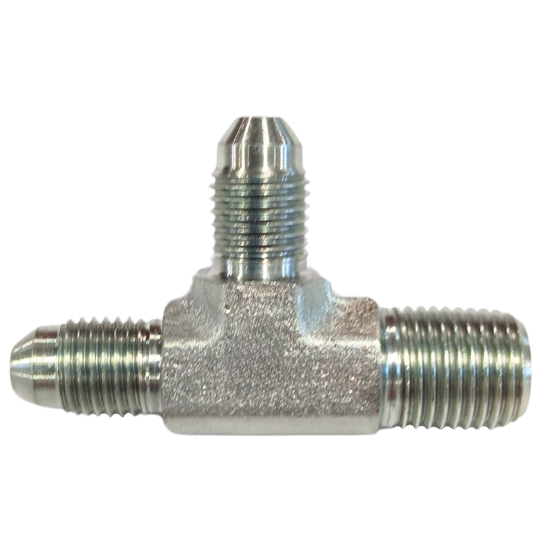 9163-12-12-12 : Adaptall Run Tee Steel Adapter, 1-1/16-12 (-12) Male JIC x 1-1/16-12 (-12) Male JIC x 3/4-14 (-12) Male BSPT