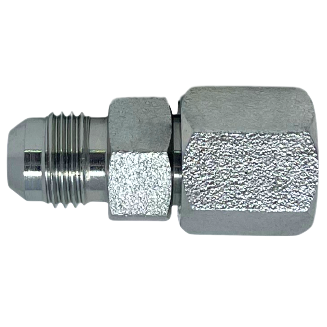 9197-04-L08-14 : Adaptall Straight Steel Adapter, 7/16-20 (-04) Male JIC x M14 X 1.5 (-L08) Female DIN Tube Swivel, Light Duty