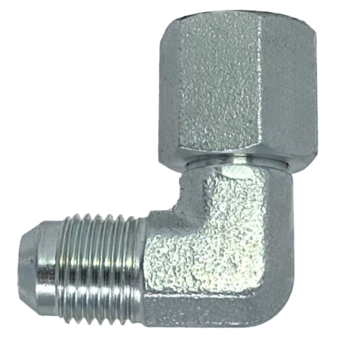 9199-10-L15-22 : Adaptall 90-Degree Steel Adapter, 7/8-14 (-10) Male JIC x M22 X 1.5 (-L15) Female Light Duty DIN