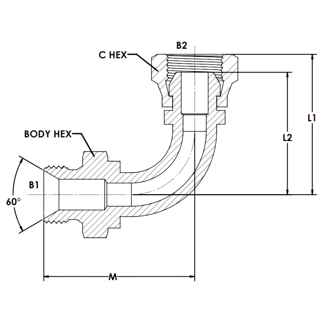9224-L-06-06 : OneHydraulics Swept 90-Degree Long Steel Adapter, 3/8-19 (-06) Male BSPP x 3/8-19 (-06) Female BSPP Swivel, 5000psi
