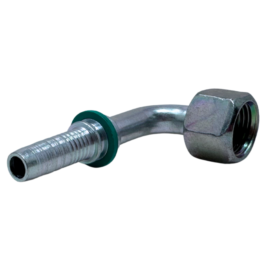 A-0606-FO9S : Alfagomma 90-Degree Steel Fitting Insert, 3/8 (-06) Hose x 11/16-16 (-06) Female ORFS Swivel Short Drop