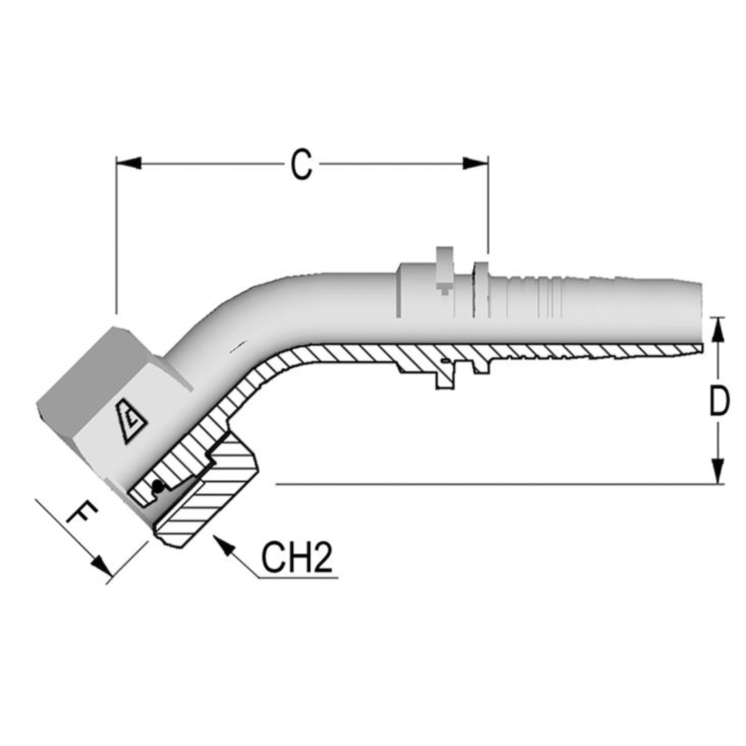 A-0414-FM4H : Alfagomma 45-Degree Steel Fitting Insert, 1/4 (-04) Hose x M14x1.5 (-S06) Female Heavy Duty DIN Tube Swivel