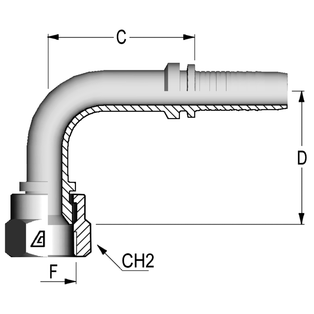 A-1212-FAE9 : Alfagomma 90-Degree Steel Fitting Insert, 3/4 (-12) Hose x 1 1/16-14 (-12) Female SAE 45