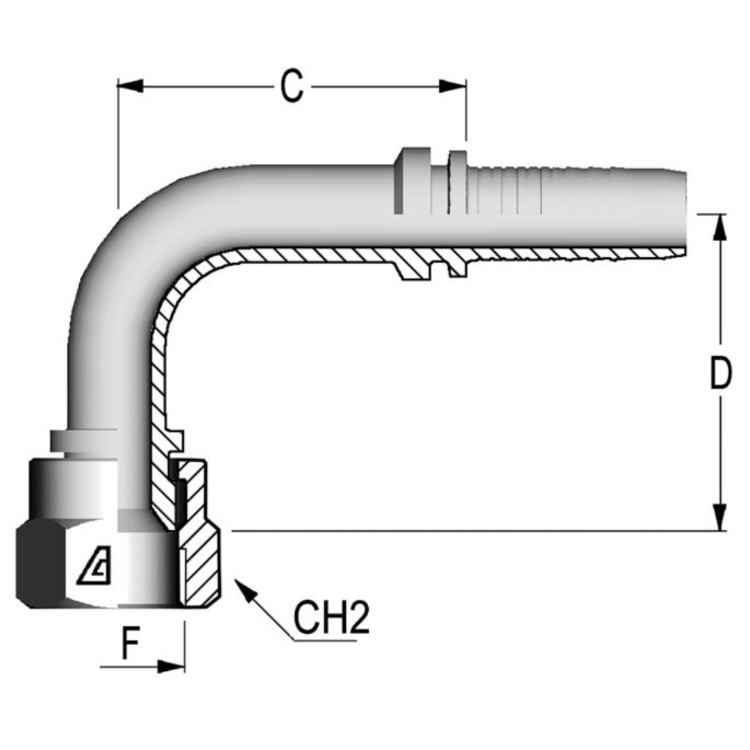 A-1010-FJ9L : Alfagomma 90-Degree Steel Fitting Insert, 5/8 (-10) Hose x 7/8-14 (-10) Female JIC Swivel Long Drop