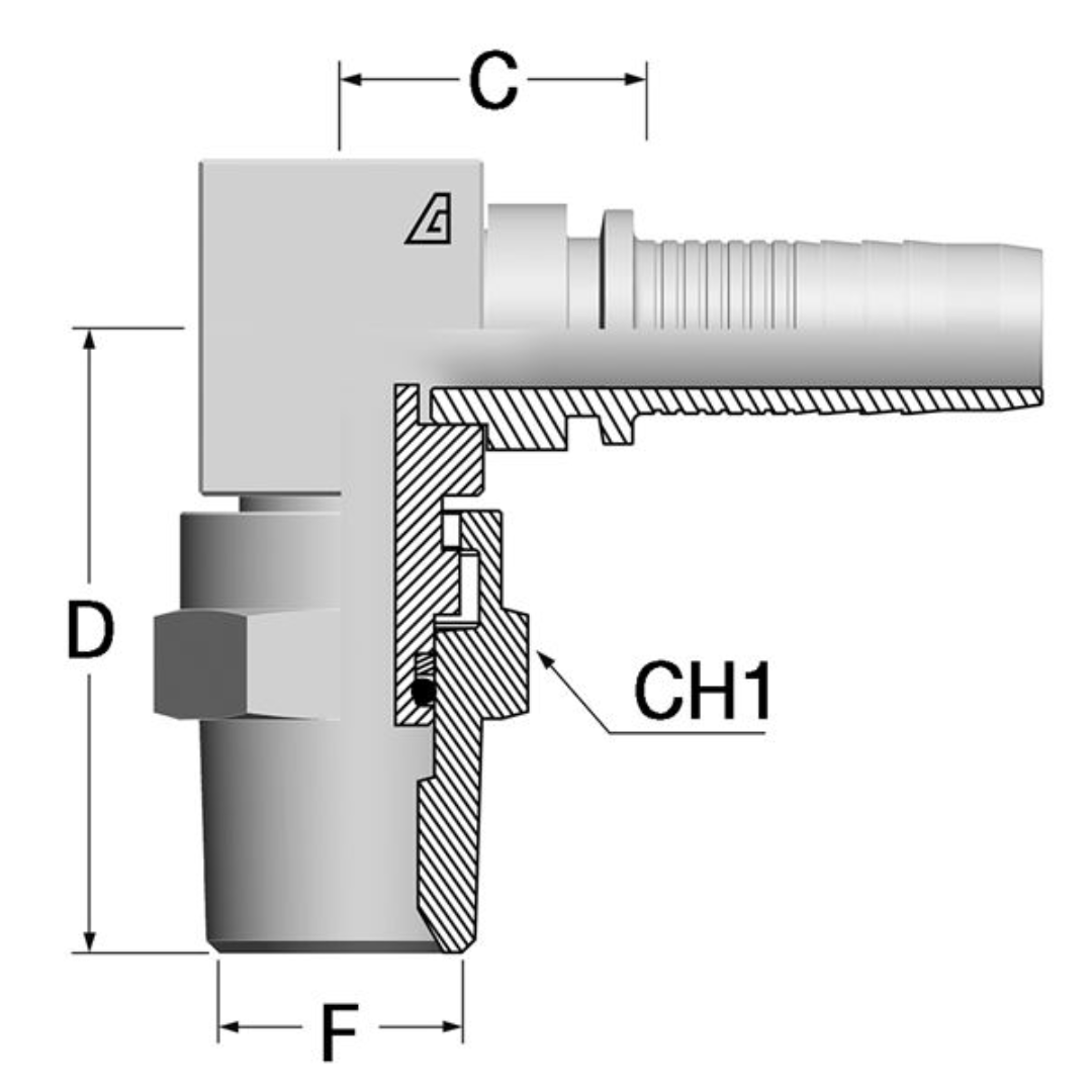 A-0606-MPS9 : Alfagomma 90-Degree Steel Fitting, 3/8 (-06) Hose x 3/8-18 (-06) Male NPTF Swivel